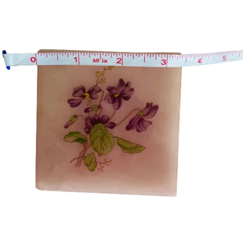 Alabaster Pink Trinket Box Violet Floral Hinged Lid Hand Carved Italy